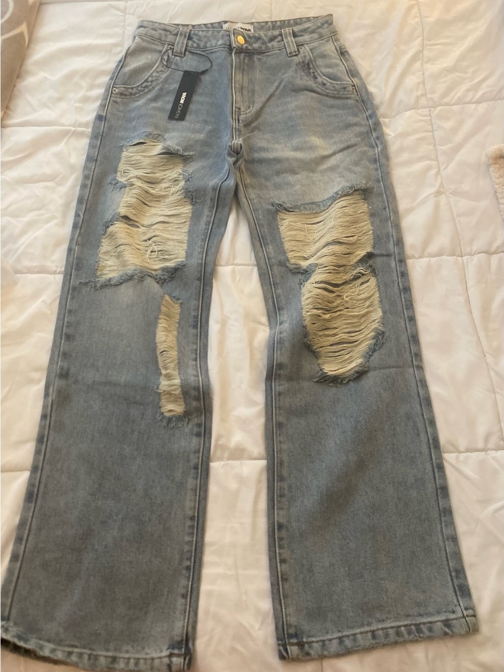Fashion Nova Light Blue Distressed Bootcut Jeans